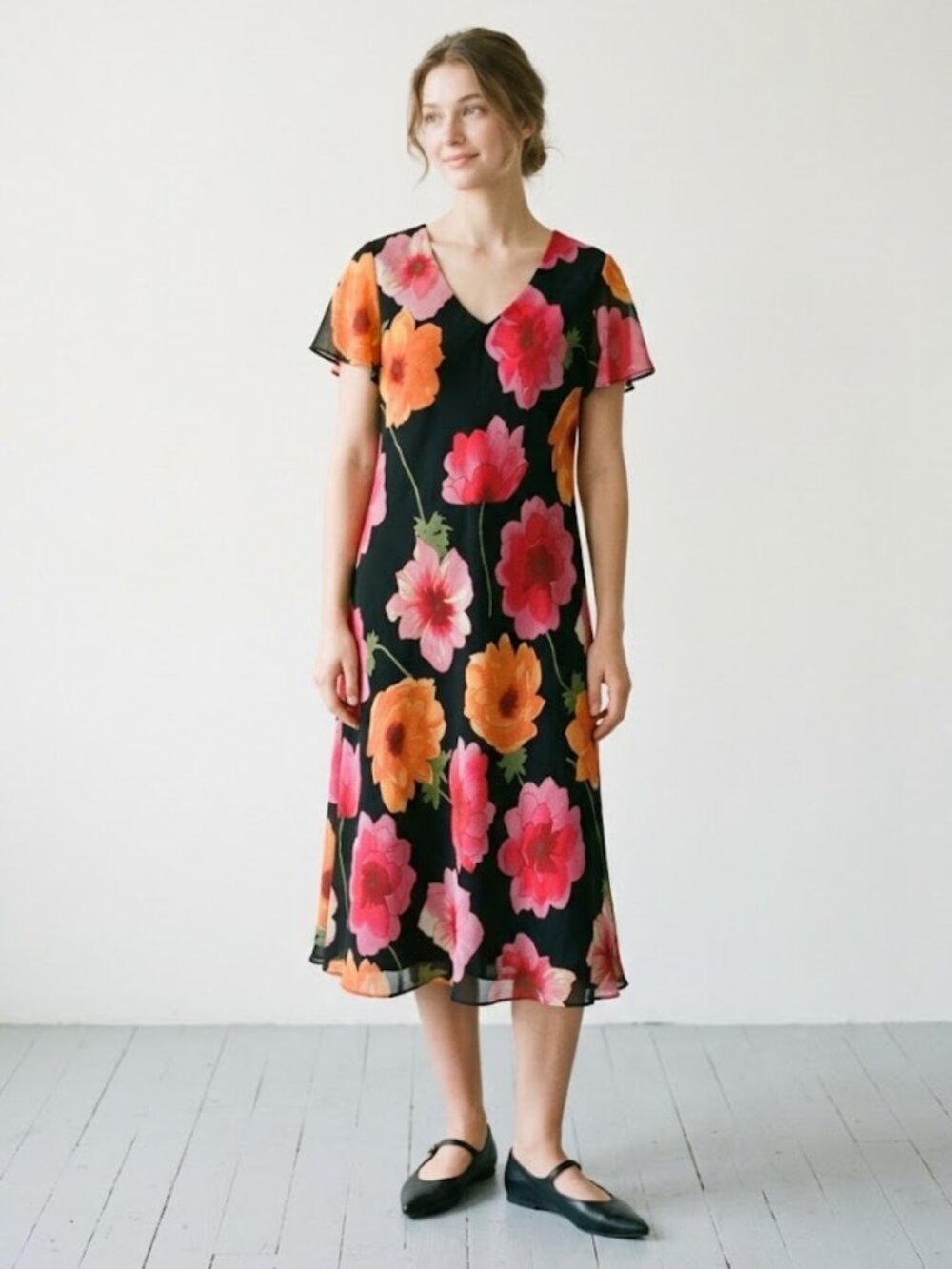 Miss Dorby Dress Black Pink Floral Shift Midi 90s Summer Vintage 16